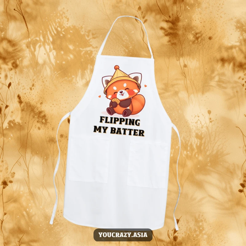 Funny Red Panda Hat Apron: A playful red panda in a conical hat tumbles with a tiny fan, adding humor and charm to your cooking experience.