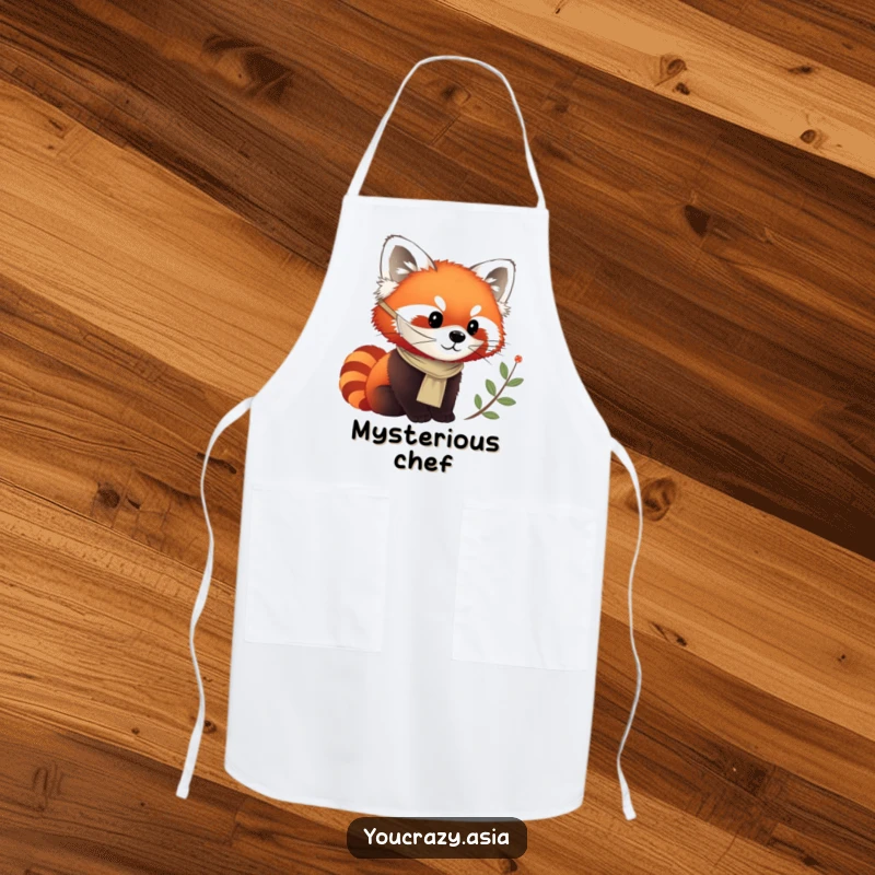 Funny apron showing a chirpy red panda in a silken mask, curiously observing while preparing food.