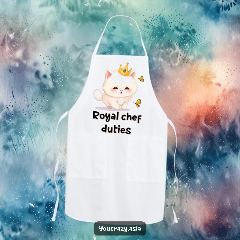 Funny cat apron showing a fluffy white cat in a golden crown, comically chasing a butterfly while cooking, bringing kitchen humor.