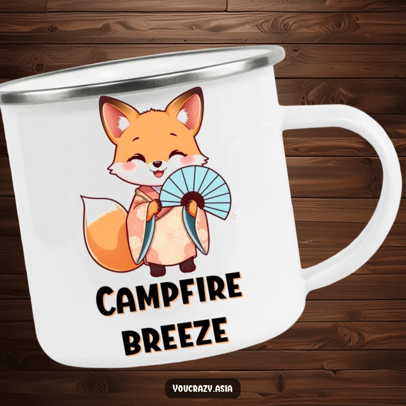 Funny camping mug with a happy fox in a patterned kimono, elegantly holding a beautiful fan, perfect for travel.