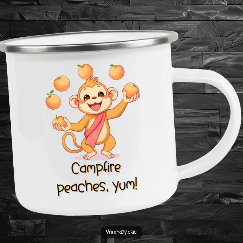 Funny Juggling Monkey Camping Mug: A cheerful golden monkey in a silk sash enthusiastically juggles peaches, making your outdoor drinks more humorous and fun.