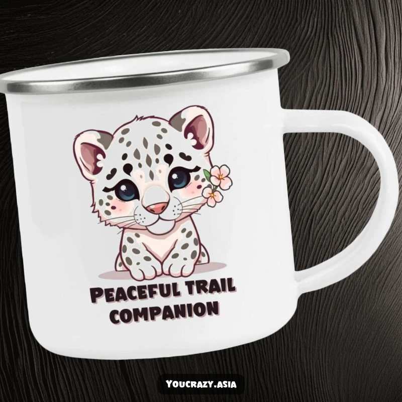 Funny snow leopard camping mug with a shy leopard and a flower peeking out, ideal for outdoor lovers seeking gentle humor.
