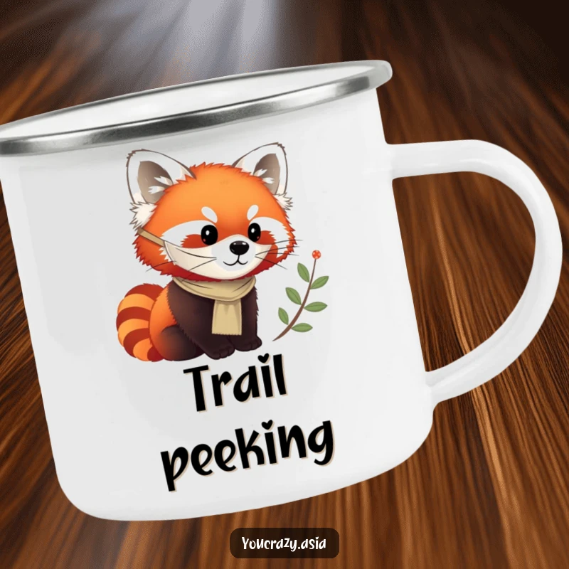 Funny camping mug with a chirpy red panda in a silken mask, curiously observing, perfect for travel.