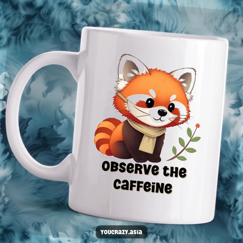 Funny mug featuring a chirpy red panda wearing a silken mask, curiously observing its surroundings with interest.