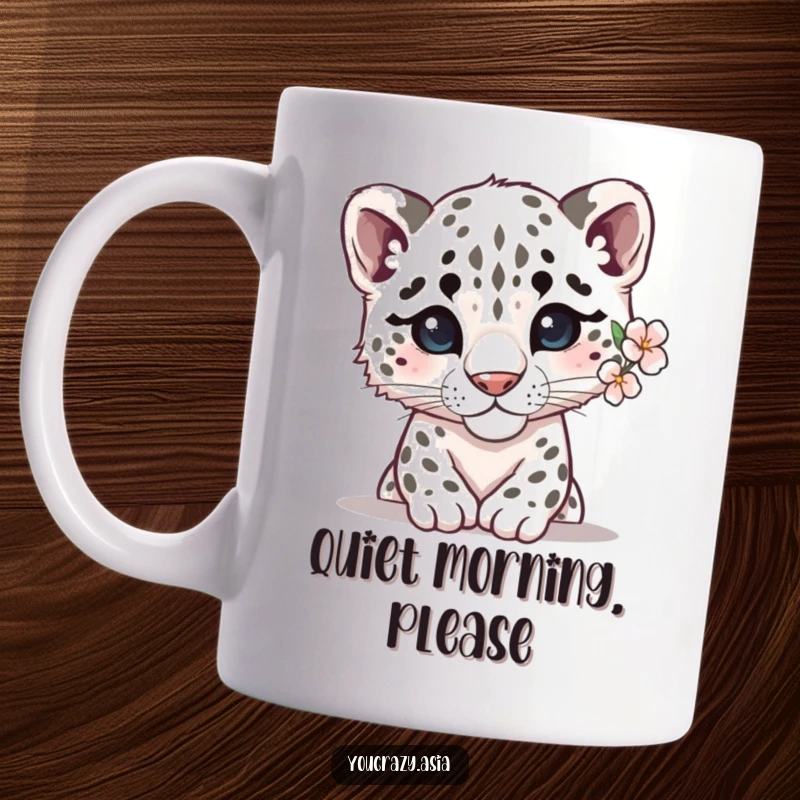 Funny snow leopard mug showing a shy leopard with a delicate flower behind its ear, peeking out with a gentle, endearing expression.