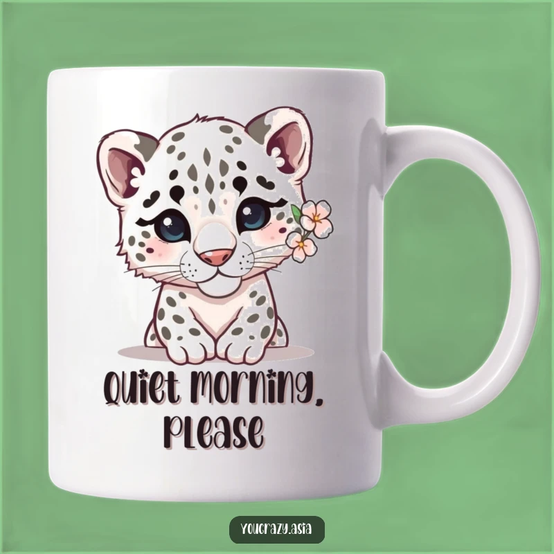 Funny Shy Snow Leopard Mug: Gentle Flower Friend Peeking Out, Sweet and Funny Gift