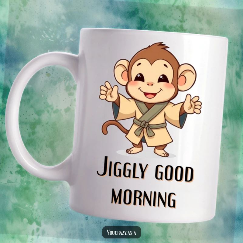 Funny mug featuring a playful monkey in a small robe, happily doing a little energetic jig.