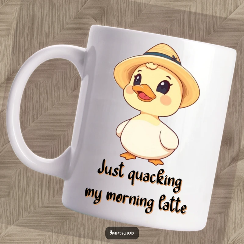 Funny coffee mug featuring a curious duck in a small straw hat, looking up with whimsical wonder and charm.