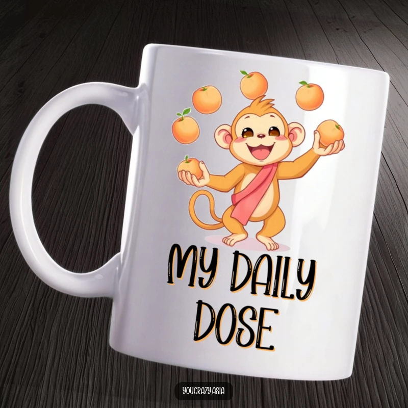 Funny Juggling Monkey Mug: A cheerful golden monkey in a silk sash enthusiastically juggles ripe peaches, radiating fun and vibrant energy.