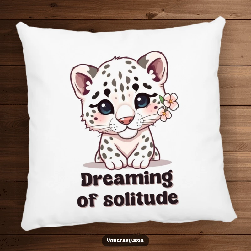 Funny snow leopard pillow with a shy leopard peeking out and a delicate flower behind its ear, offering comfort and gentle decor.