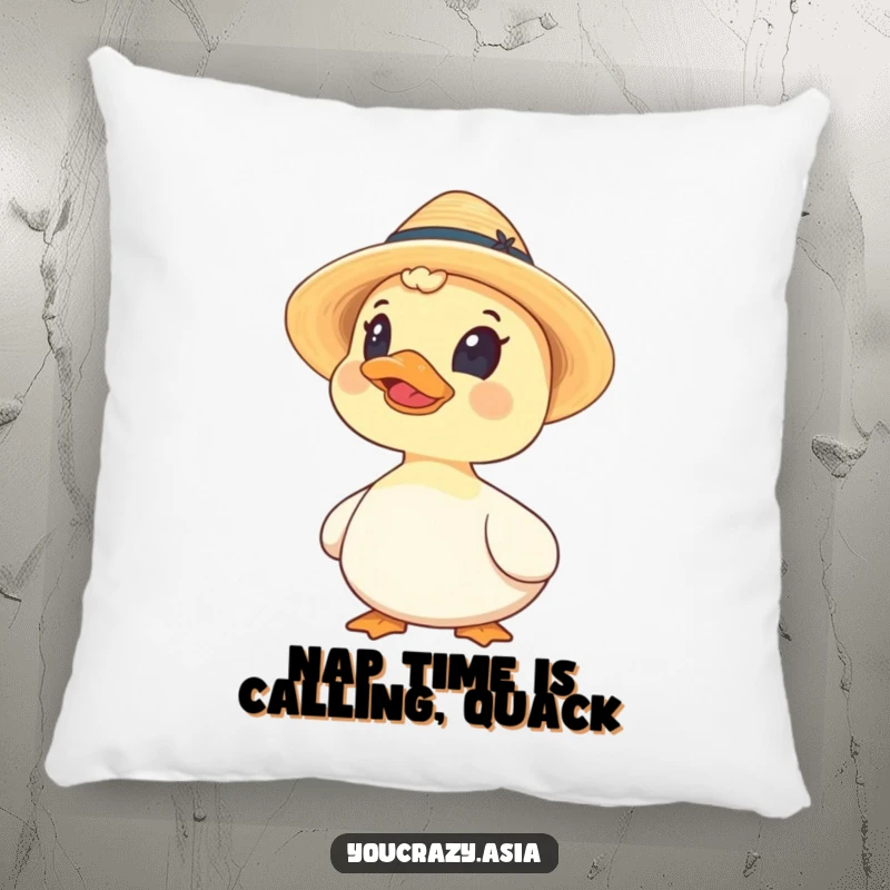 Funny decorative pillow with a curious duck wearing a miniature straw hat, looking up with a humorous and endearing expression.
