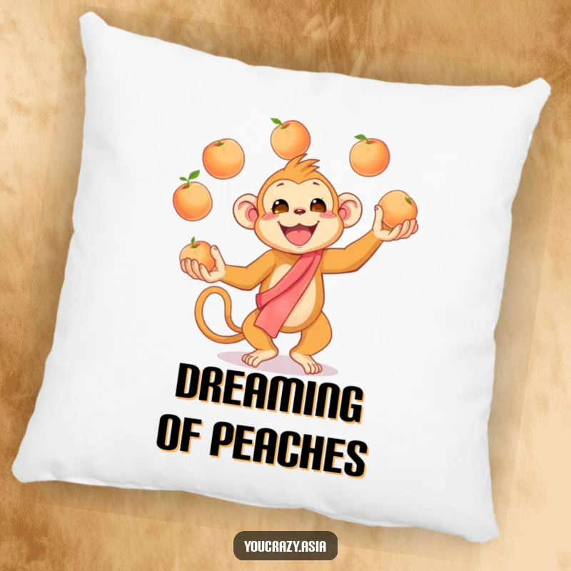 Funny Juggling Monkey Pillow: A cheerful golden monkey in a silk sash enthusiastically juggles peaches, offering comfort and a touch of humor.