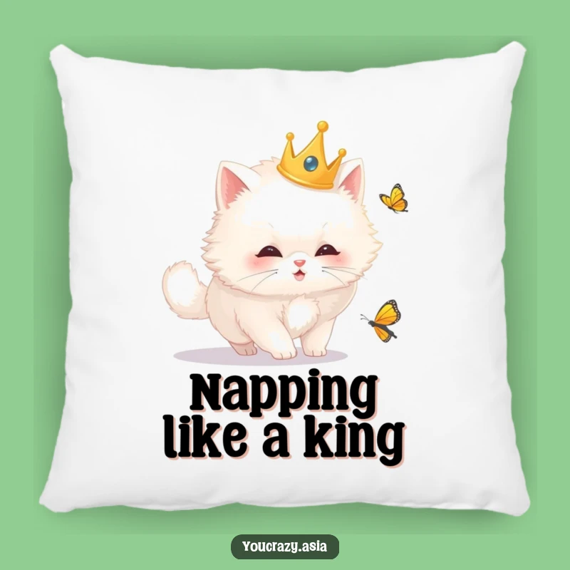 Funny Royal Cat Pillow: Soft Crowned Kitty Butterfly Chase Cushion, Cozy Funny Gift