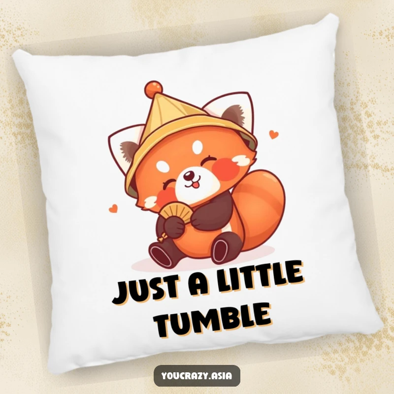 Funny Red Panda Hat Pillow: A playful red panda wearing a cute hat tumbles with a tiny fan, offering comfort and a smile.