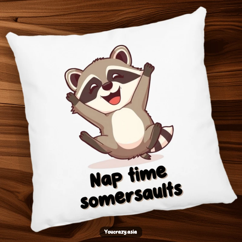 Funny Raccoon Dog Pillow: A mischievous raccoon dog with a happy grin attempts a somersault, offering comfort and a smile.