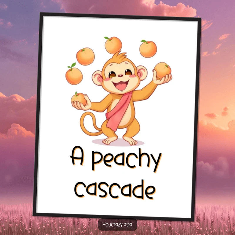 Funny Juggling Monkey Digital Art Print: A cheerful golden monkey in a silk sash enthusiastically juggles peaches, offering instant joy and humorous appeal.