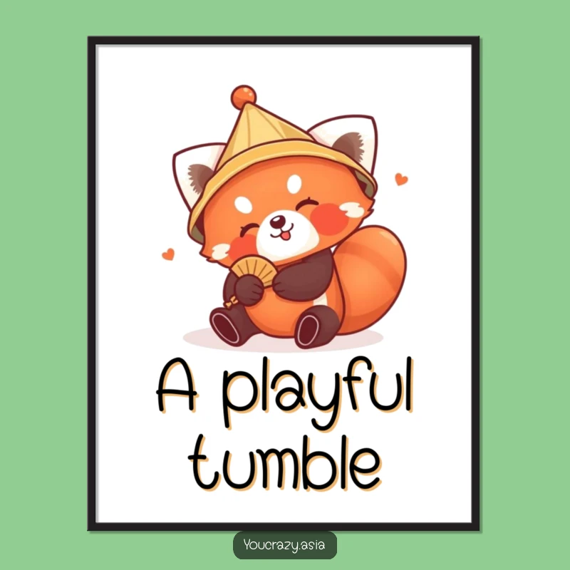 Funny Red Panda Hat Digital Print - Instant Playful Tumble for Humorous Decor