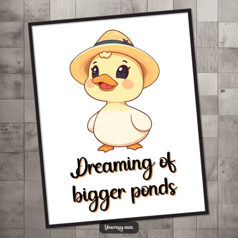 Funny digital art print of a curious duck wearing a small straw hat, gazing upwards with a humorous and delightful look.