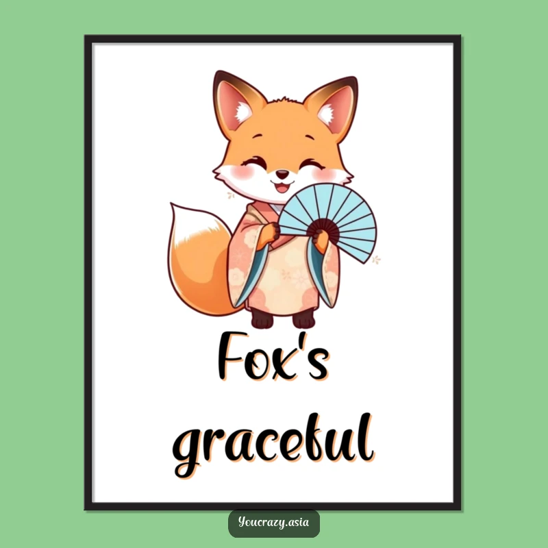 Funny Fox Kimono Fan Digital Print - Elegant Wall Art Gift