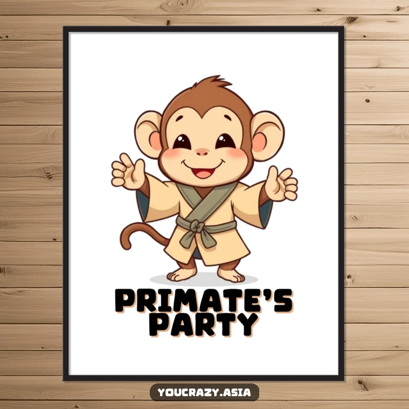 Funny digital art print of a playful monkey in a small robe, happily doing a delightful little jig.