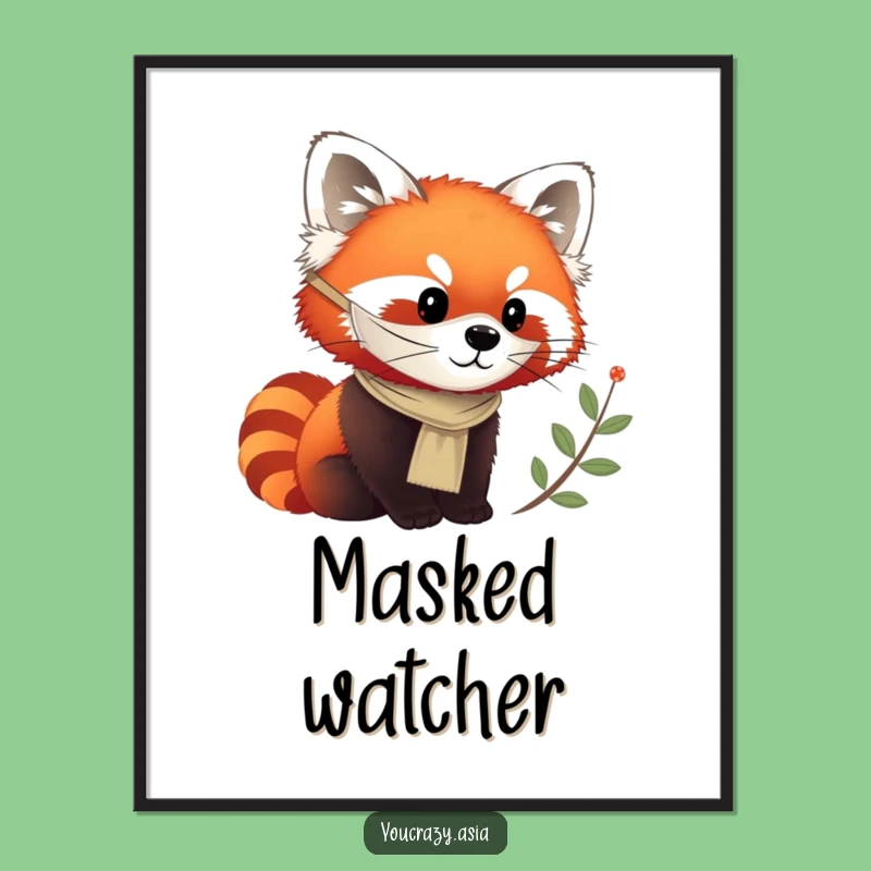 Funny Red Panda Mask Digital Print - Curious Observer Wall Art Gift