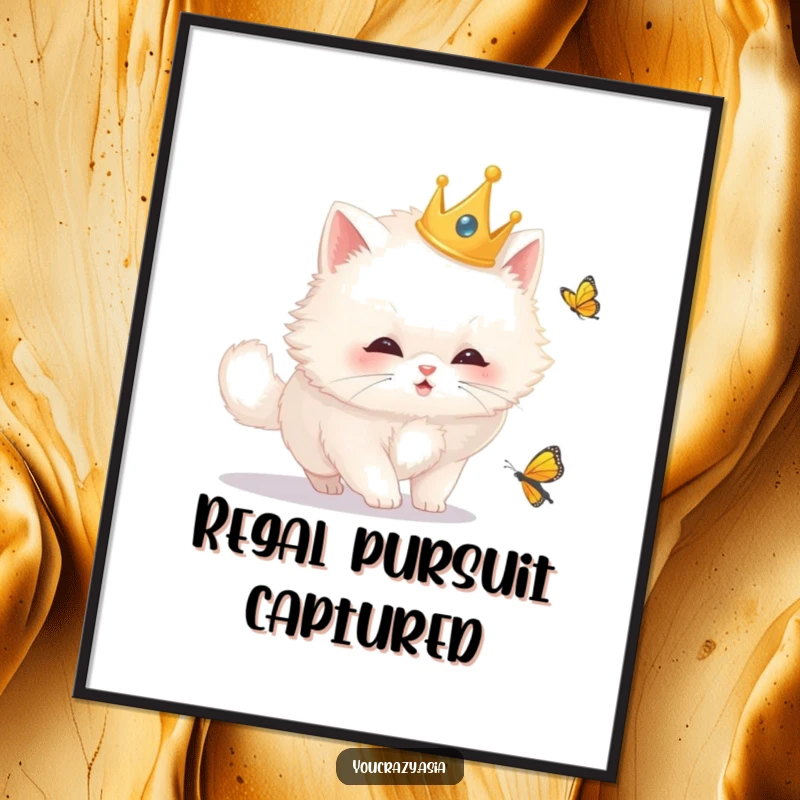 Funny cat digital art of a fluffy white cat wearing a golden crown, chasing a butterfly, offering whimsical and regal wall art.