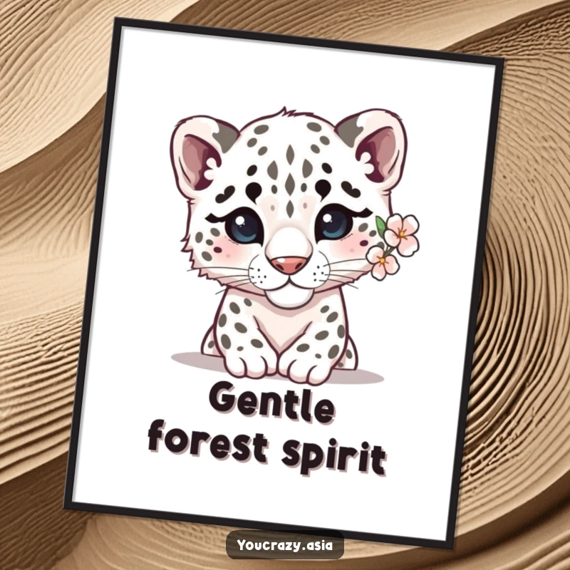 Funny snow leopard digital art of a shy leopard peeking out with a delicate flower, offering gentle and charming wall art.