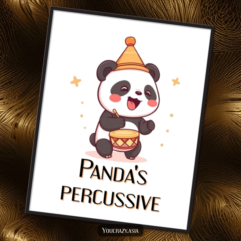 Funny digital art print of a cute panda wearing a small conical hat, joyfully drumming with excitement.