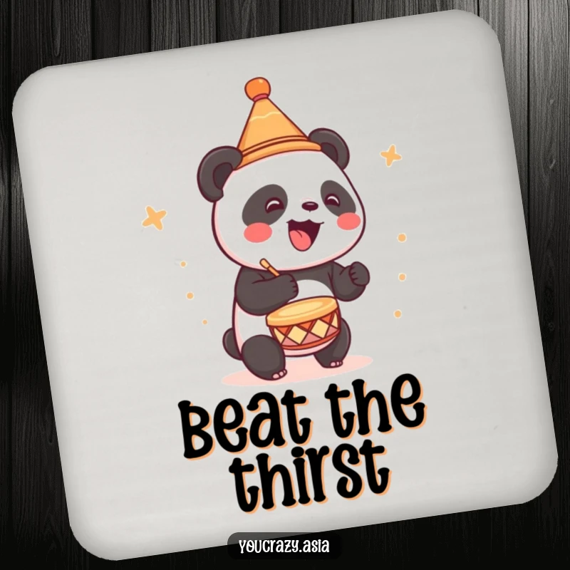 Funny coaster showcasing a cute panda in a tiny party hat, joyfully drumming a beat.