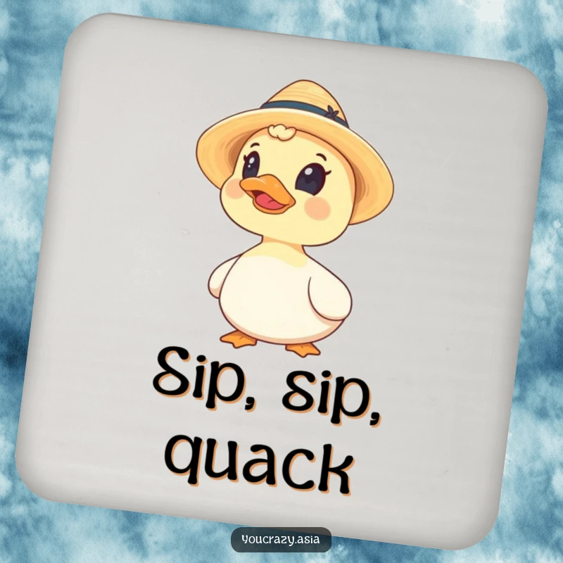 Funny drink coaster showing a curious duck wearing a tiny straw hat, looking upwards with a comical expression.