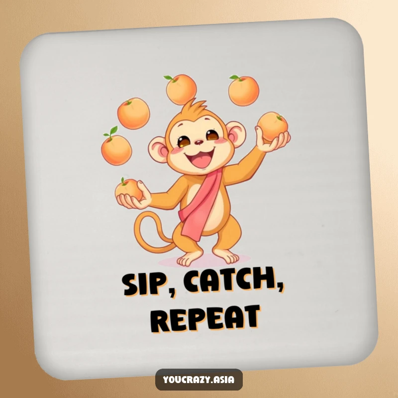Funny Juggling Monkey Coaster: A cheerful golden monkey in a silk sash enthusiastically juggles peaches, adding a humorous and protective element to your drinks.