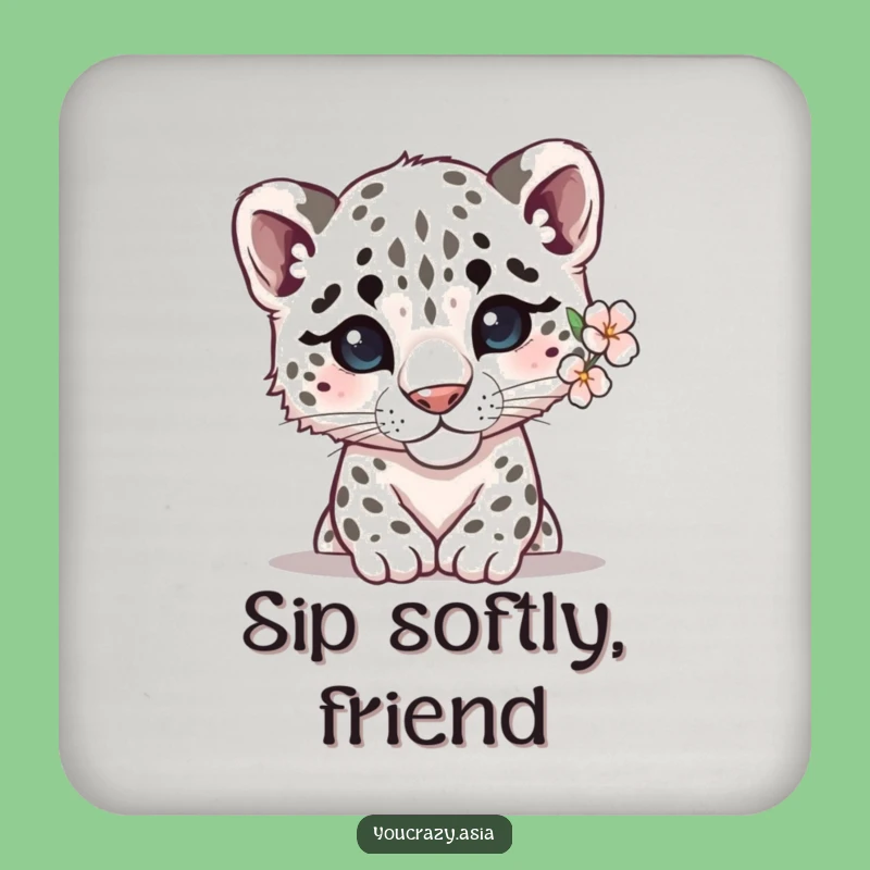 Funny Shy Snow Leopard Drink Coaster: Gentle Flower Protector, Humorous Table Decor, Funny Gift