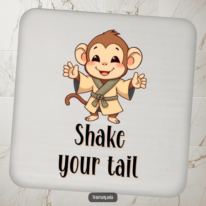 Funny coaster showcasing a playful monkey in a small robe, happily doing a cute jig.