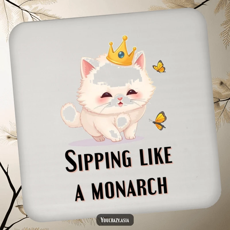 Funny cat drink coaster featuring a fluffy white cat wearing a golden crown, comically chasing a butterfly, protecting surfaces with humor.