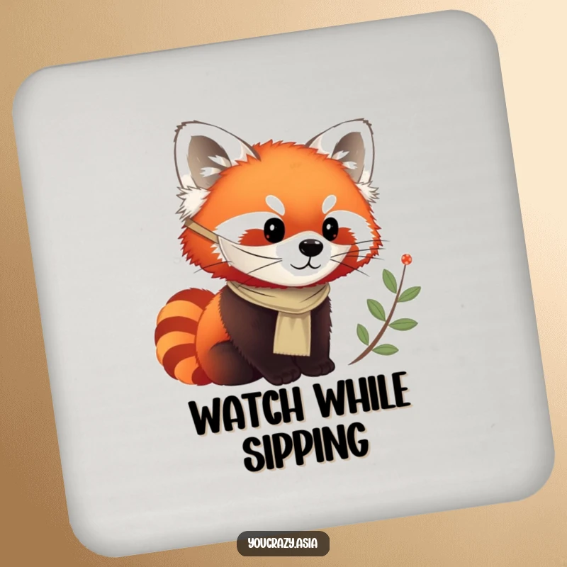 Funny coaster showcasing a chirpy red panda in a silken mask, curiously observing.