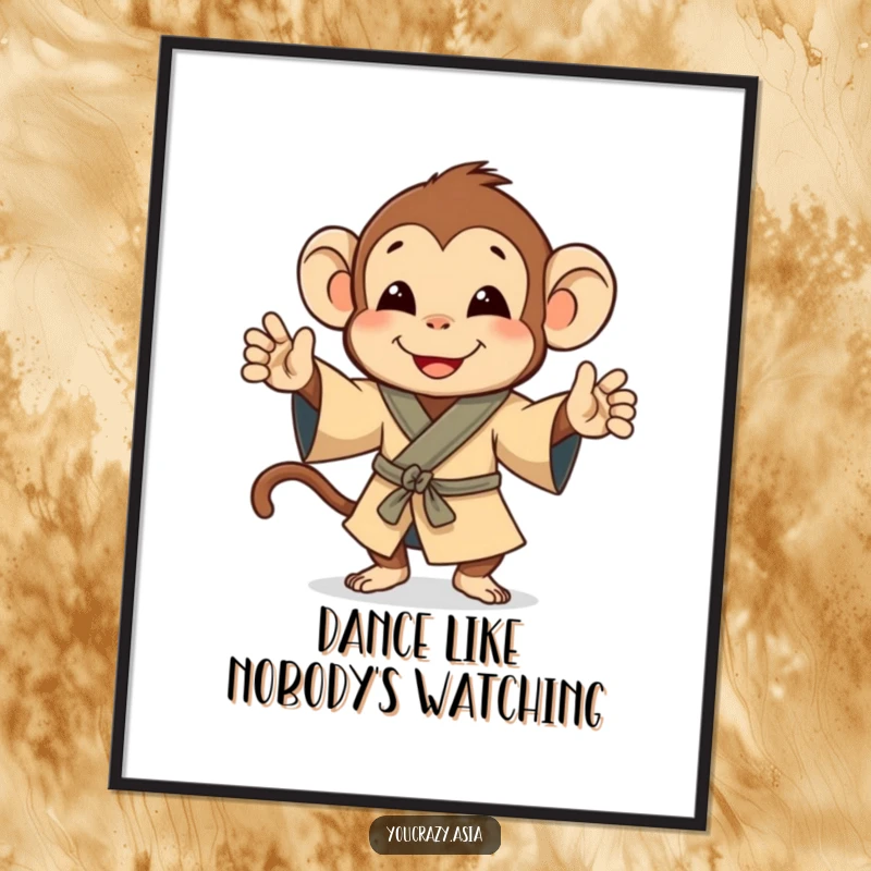 Funny poster of a happy monkey in a small robe, joyfully performing a delightful little jig.