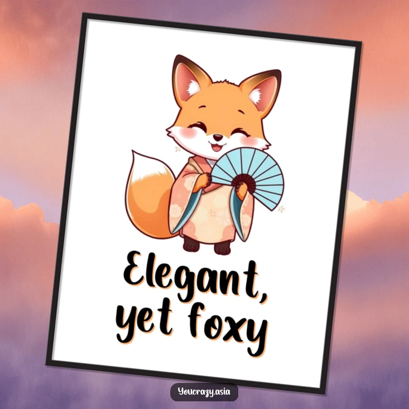 Funny poster of a happy fox in a patterned kimono, gracefully holding a beautiful fan.