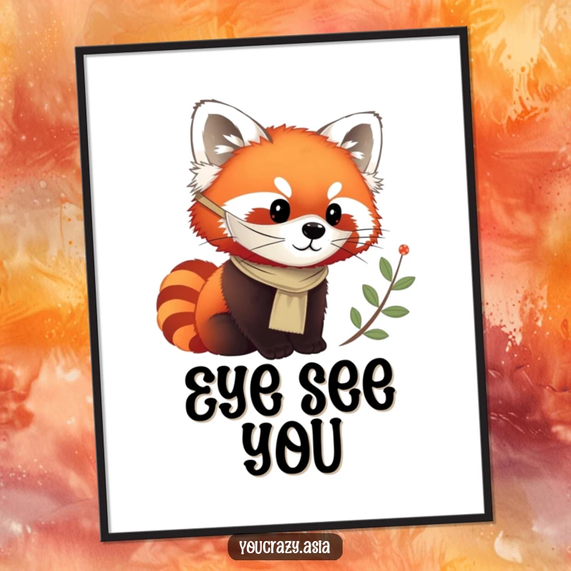 Funny poster of a cute red panda in a silken mask, curiously observing with an inquisitive look.