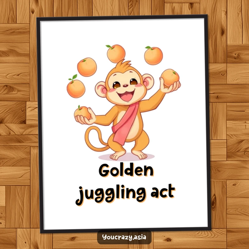Funny Juggling Monkey Poster: A cheerful golden monkey in a silk sash enthusiastically juggles peaches, bringing a sense of playful energy to any wall.