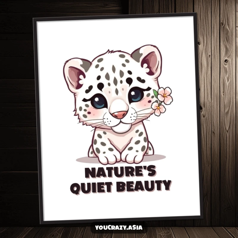 Funny snow leopard poster artwork of a shy leopard with a delicate flower behind its ear, peeking out with a soft, endearing expression.