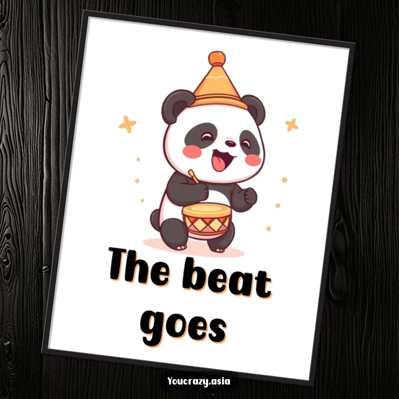 Funny poster of a cute panda in a small conical hat, joyfully drumming with infectious energy.