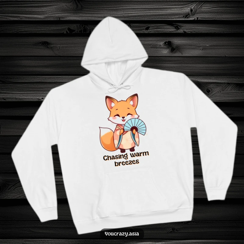 Funny hoodie featuring a happy fox in a patterned kimono, elegantly holding a beautiful fan.