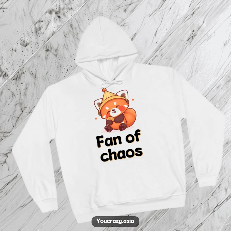 Funny Red Panda Hat Hoodie: A playful red panda wearing a conical hat tumbles with a tiny fan, offering cozy comfort and humorous charm.