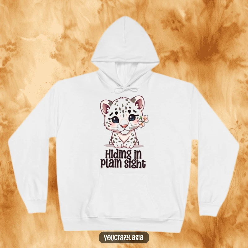 Funny snow leopard hoodie featuring a shy leopard with a delicate flower behind its ear, peeking out in a warm, comforting design.