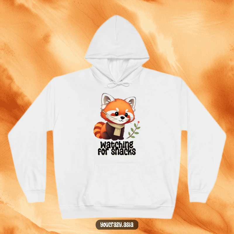 Funny hoodie featuring a happy red panda wearing a silken mask, curiously observing the world around.
