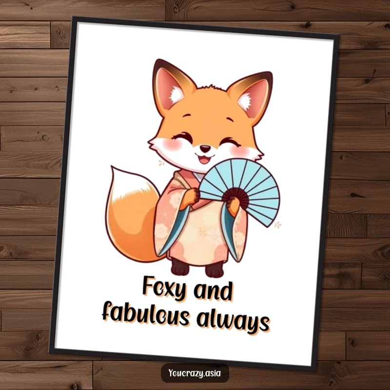 Funny Free Printable Wall Art: A fox in a kimono holds a fan, adding downloadable elegance and humor to any space.