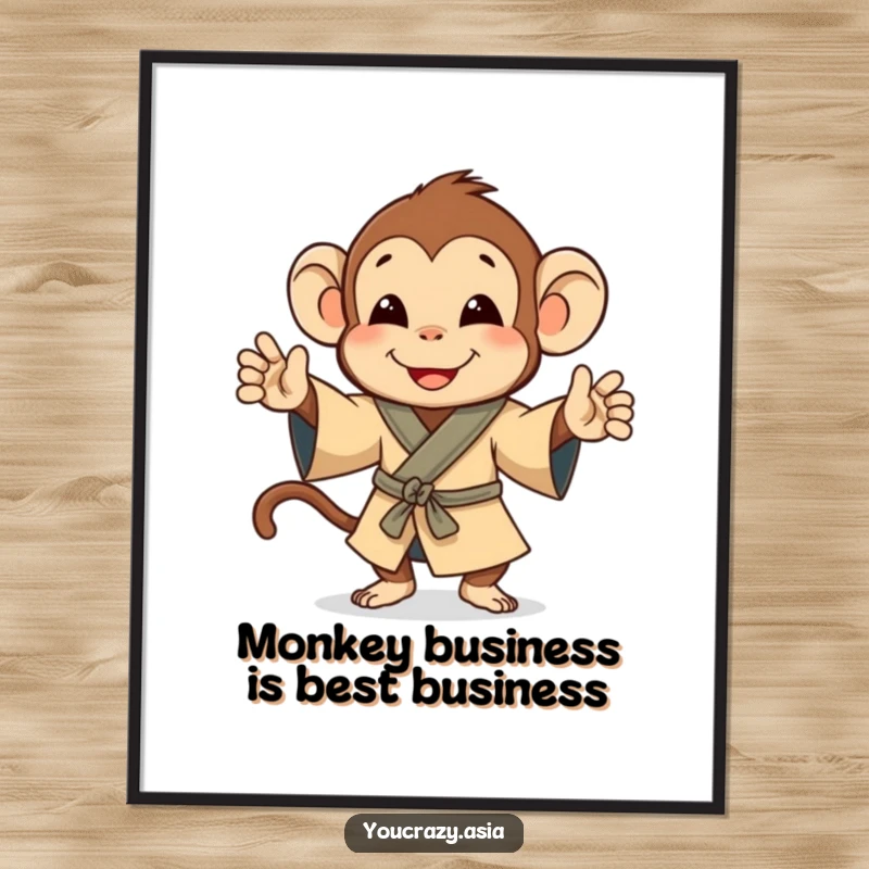 Funny Free Printable Wall Art: A monkey in a robe happily jigs, adding downloadable humor and charm to any space.