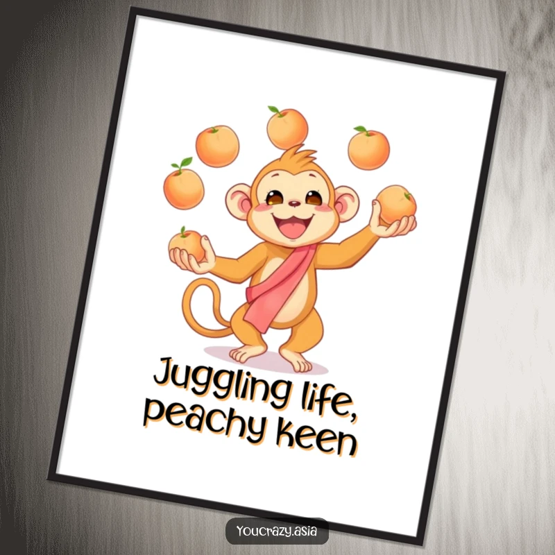 Funny Free Printable Wall Art: Cheerful golden monkey in a silk sash enthusiastically juggling ripe peaches.