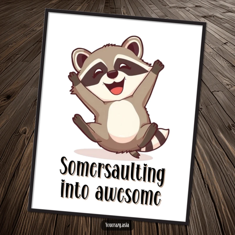 Funny Free Printable Wall Art: Mischievous raccoon dog with a wide, happy grin attempting a somersault.