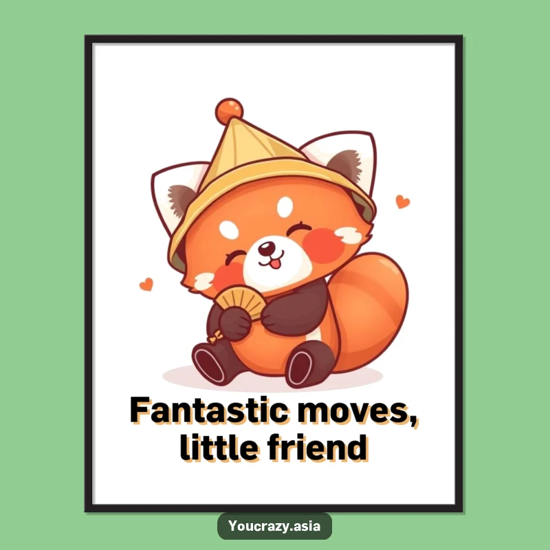 Free Printable Wall Art: Funny Red Panda Tumbling with Fan - Playful Downloadable Decor